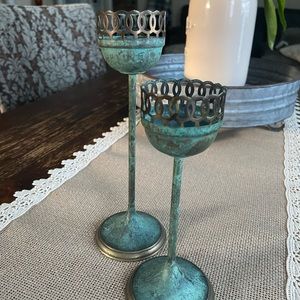 Vintage Green Patina Verdigris Candle Holders